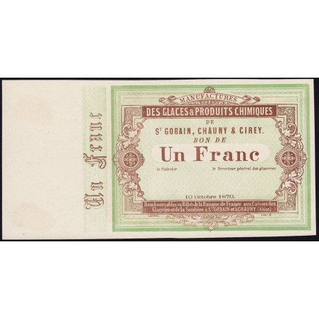 Saint-Gobain - Manufactures des Glaces - Jer 02.17A - 1 franc - 10/10/1870 - Epreuve - Etat : SPL