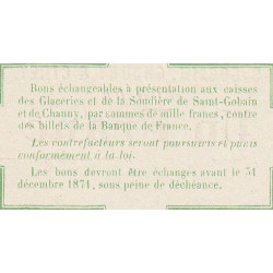 Saint-Gobain - Manufactures des Glaces - Jer 02.17A - 1 franc - 10/10/1870 - Epreuve - Etat : SPL