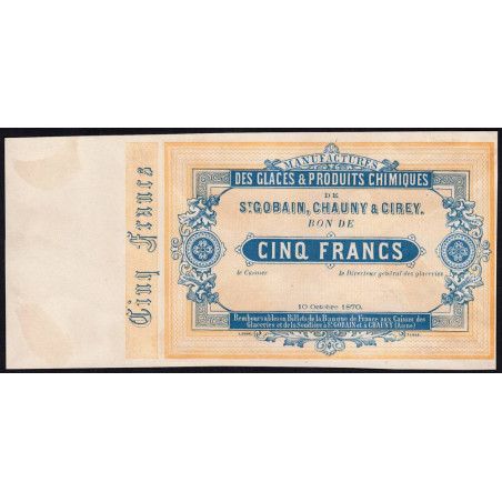 Saint-Gobain - Manufactures des Glaces - Jer 02.17B - 5 francs - 10/10/1870 - Epreuve - Etat : SPL