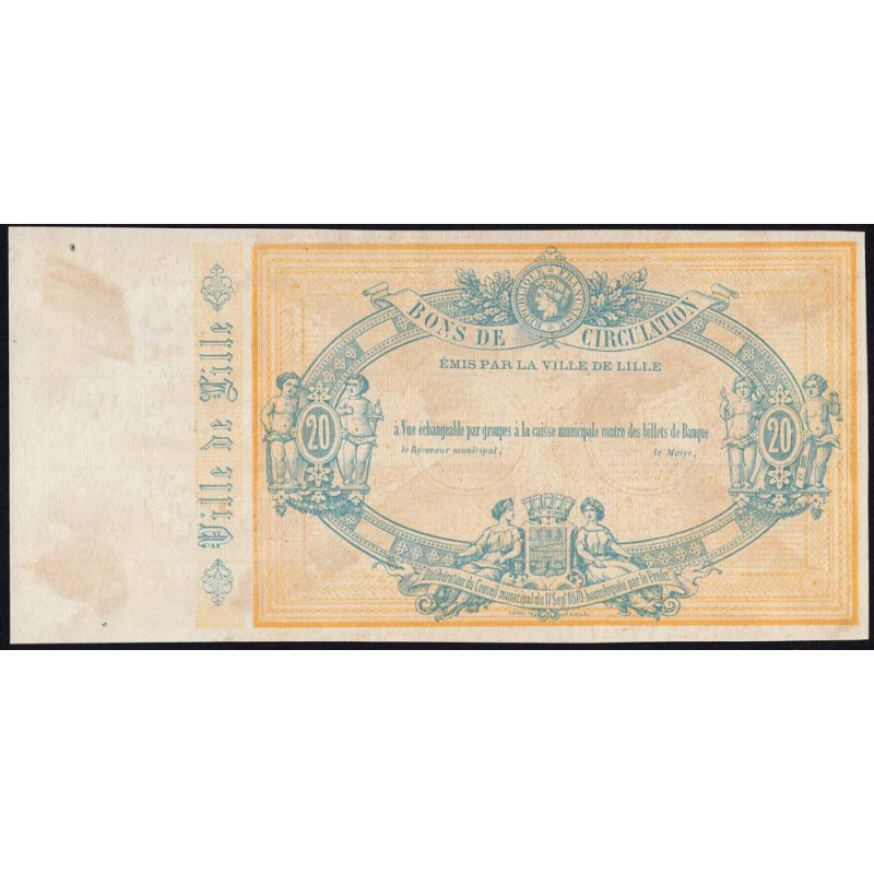 Ville de Lille - Jer 59.40C - 20 francs - 17/09/1870 - Epreuve - Etat : SUP