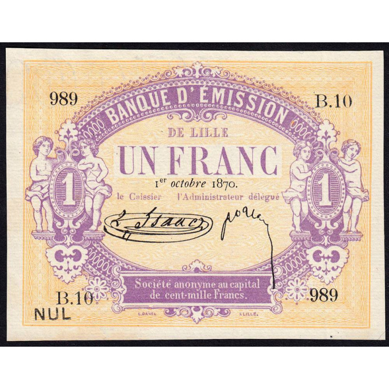 B. d'émission Lille - Jer 59.41A - 1 franc - 01/10/1870 - Etat : SPL