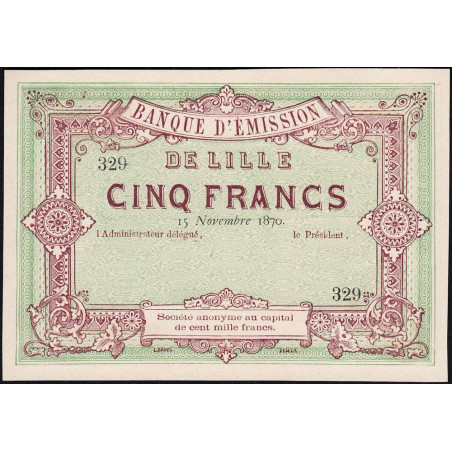 B. d'émission Lille - Jer 59.41B - 5 francs - 15/11/1870 - Epreuve - Etat : SPL
