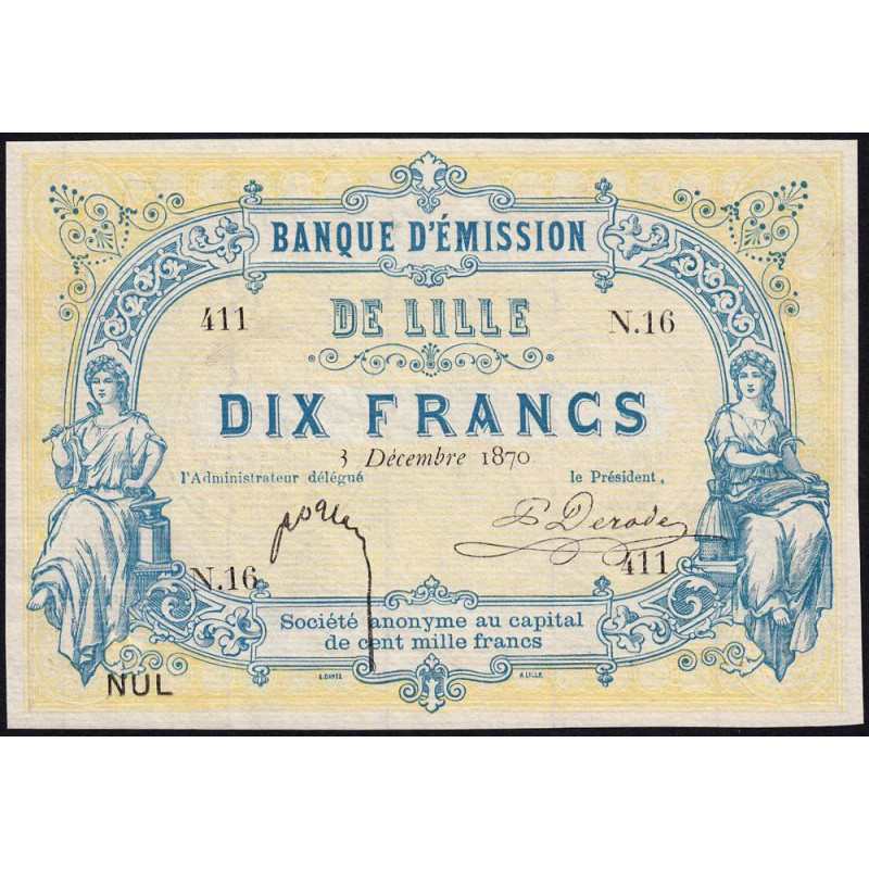 B. d'émission Lille - Jer 59.41C - 10 francs - 03/12/1870 - Etat : SPL