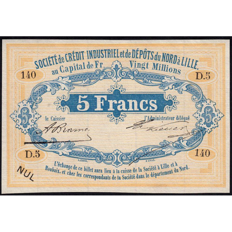 Lille Crédit du Nord - Jer 59.42A - 5 francs - 1870 - Etat : SPL