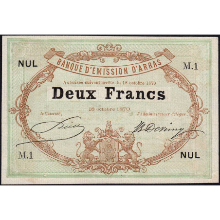 B. d'émission Arras - Jer 62.02A - 2 francs - 18/10/1870 - Etat : SPL