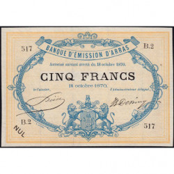 B. d'émission Arras - Jer 62.02B - 5 francs - Série B.2 - 18/10/1870 - Etat : SPL