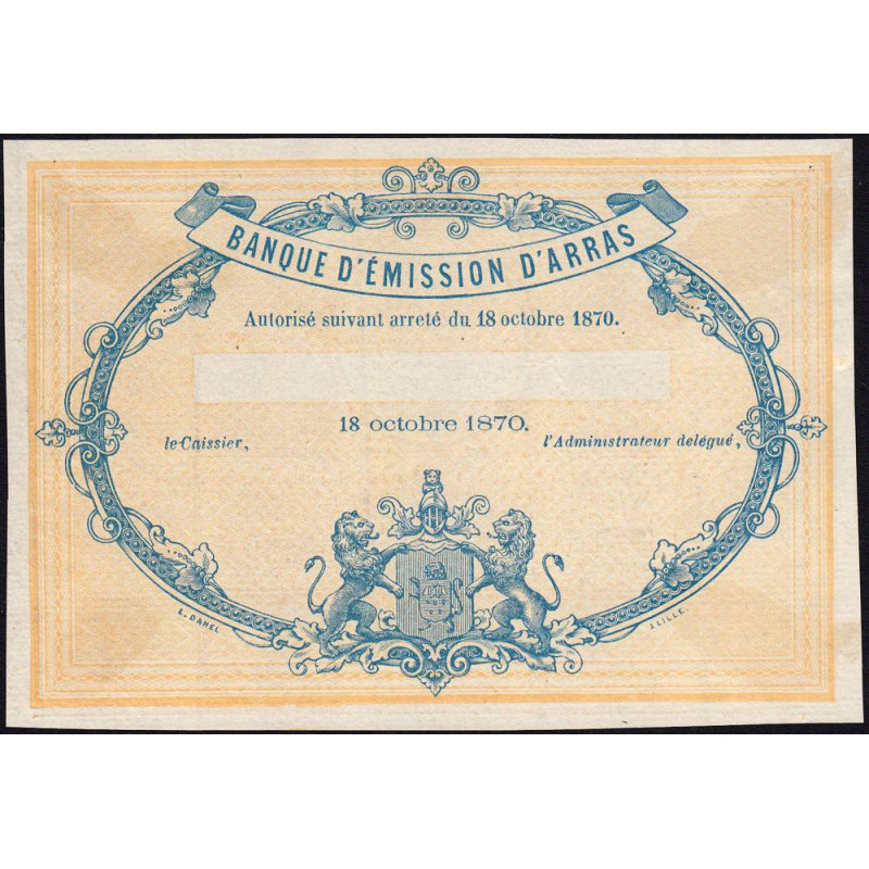 B. d'émission Arras - Jer 62.02B - 5 francs - 18/10/1870 - Epreuve - Etat : SPL