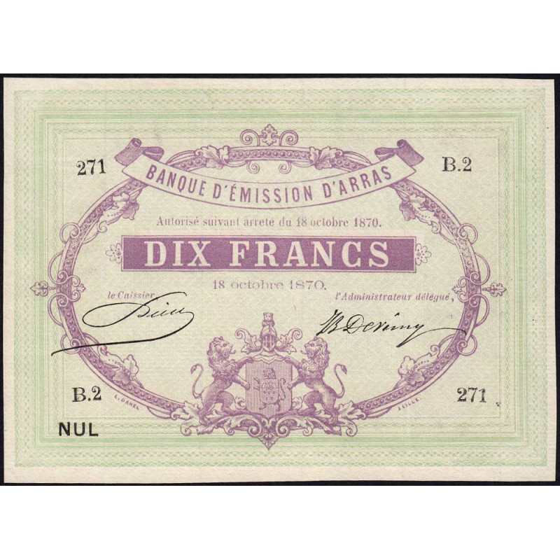 B. d'émission Arras - Jer 62.02C - 10 francs - Série B.2 - 18/10/1870 - Etat : SPL