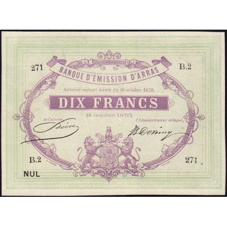 B. d'émission Arras - Jer 62.02C - 10 francs - 18/10/1870 - Etat : SPL
