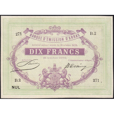 B. d'émission Arras - Jer 62.02C - 10 francs - Série B.2 - 18/10/1870 - Etat : SPL