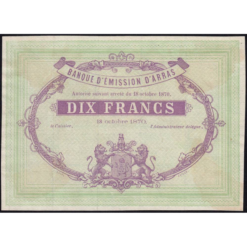 B. d'émission Arras - Jer 62.02B - 10 francs - 18/10/1870 - Epreuve - Etat : SPL