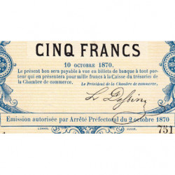 Ch. de Comm. Calais - Jer 62.11A - 5 francs - 10/10/1870 - Etat : SUP+