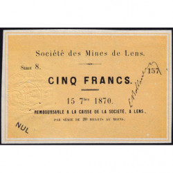 Mines de Lens - Jer 62.17A - 5 francs - Série S.8 - 15/09/1870 - Etat : SPL