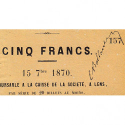 Mines de Lens - Jer 62.17A - 5 francs - 15/09/1870 - Etat : SPL