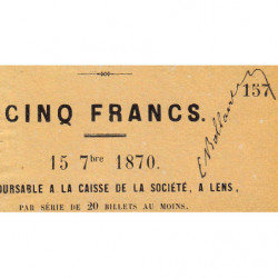 Mines de Lens - Jer 62.17A - 5 francs - Série S.8 - 15/09/1870 - Etat : SPL