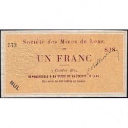 Mines de Lens - Jer 62.17B - 1 franc - Série S.18 - 05/10/1870 - Etat : SPL