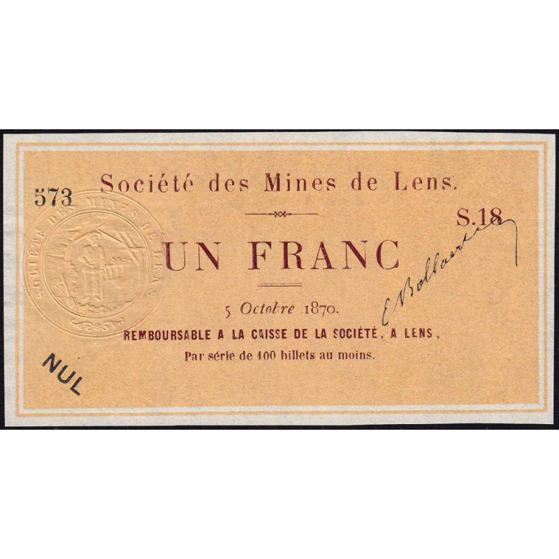 Mines de Lens - Jer 62.17B - 1 franc - Série S.18 - 05/10/1870 - Etat : SPL