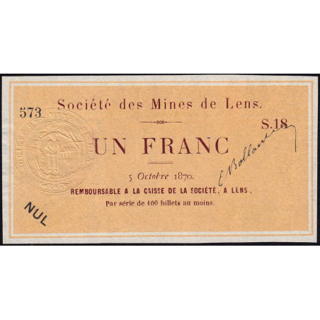 Mines de Lens - Jer 62.17B - 1 franc - Série S.18 - 05/10/1870 - Etat : SPL