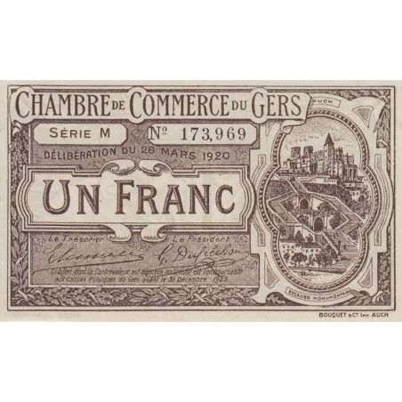 Auch (Gers) - Pirot 15-19 variété - 1 franc - Série M - 26/03/1920 - Etat : SPL