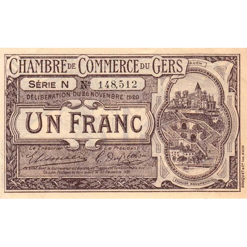 Auch (Gers) - Pirot 15-22 - 1 franc - Série N - 26/11/1920 - Etat : SUP+