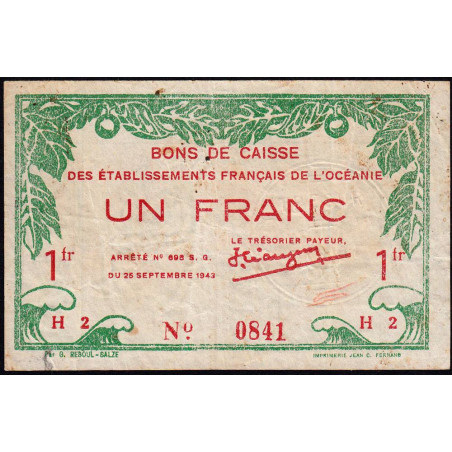 Océanie française - Pick 11c - 1 franc - Série H 2 - 1943 - Etat : TB+