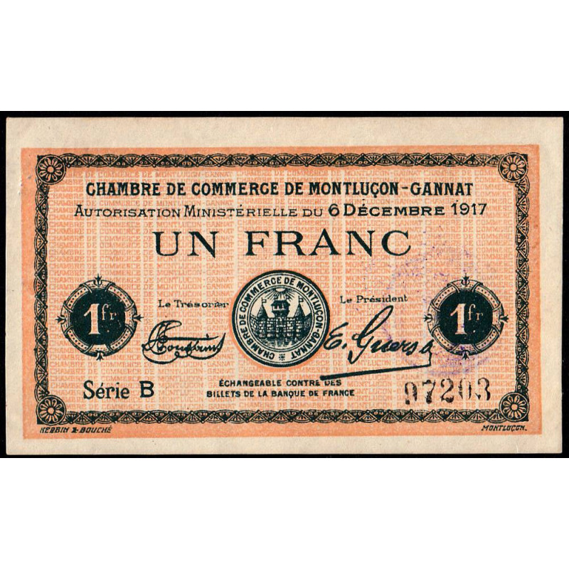 Montluçon-Gannat - Pirot 84-37b - 1 franc - Série B - 1917 - Etat : SUP+