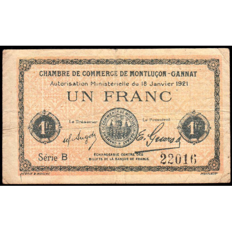 Montluçon-Gannat - Pirot 84-58b - 1 franc - Série B - 1921 - Etat : B+