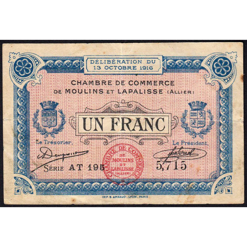 Moulins et Lapalisse - Pirot 86-9b - 1 franc - Série AT 195 - 13/10/1916 - Etat : TTB-