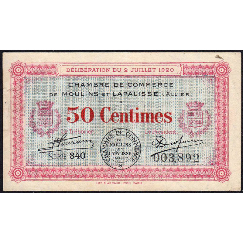 Moulins et Lapalisse - Pirot 86-18 - 50 centimes - Série 340 - 02/07/1920 - Etat : TTB-