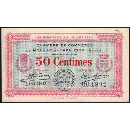 Moulins et Lapalisse - Pirot 86-18 - 50 centimes - Série 340 - 02/07/1920 - Etat : TTB-