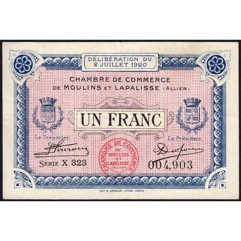 Moulins et Lapalisse - Pirot 86-20a - 1 franc - Série X 323 - 02/07/1920 - Etat : TTB
