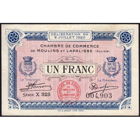 Moulins et Lapalisse - Pirot 86-20a - 1 franc - Série X 323 - 02/07/1920 - Etat : TTB