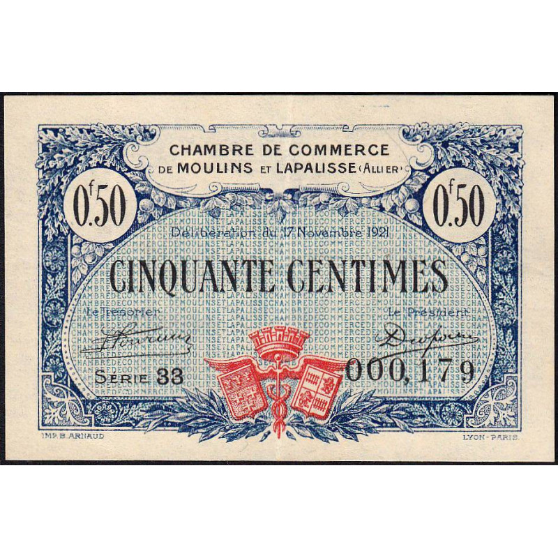 Moulins et Lapalisse - Pirot 86-22 - 50 centimes - Série 33 - 17/11/1921 - Etat : TTB+