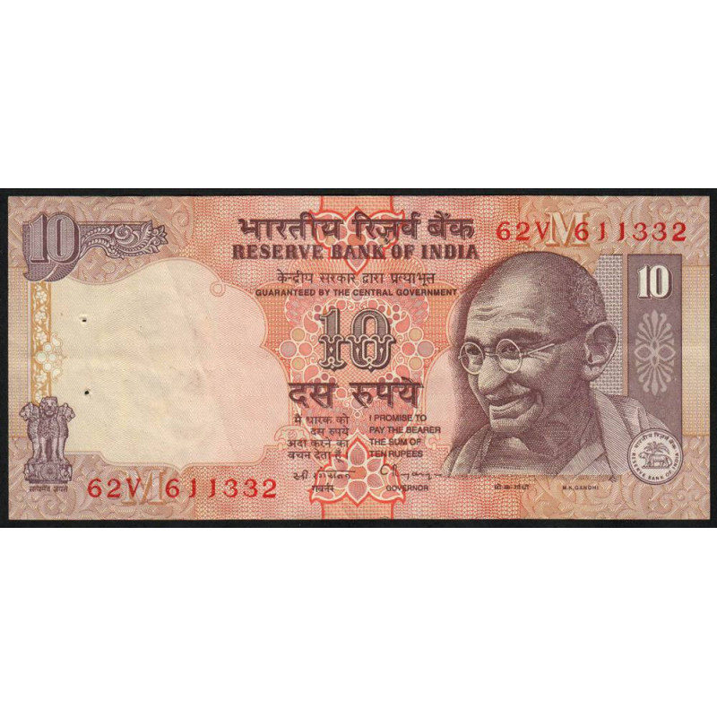 Inde - Pick 89c - 10 rupees - Série 62V - Lettre M - 1998 - Etat : TTB