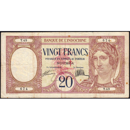 Nouvelles Hébrides - Pick 6 - 20 francs - Série T.49 - 1941 - Etat : TTB-