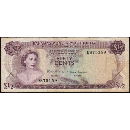 Bahamas - Pick 26 - 1/2 dollar - Série D - Loi 1968 - Etat : TB