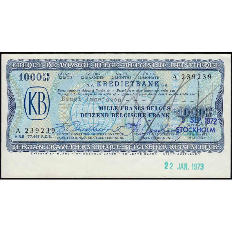 Belgique - Chèque de voyage - Kredietbank - 1'000 francs - 05/09/1972 - Etat : SUP+