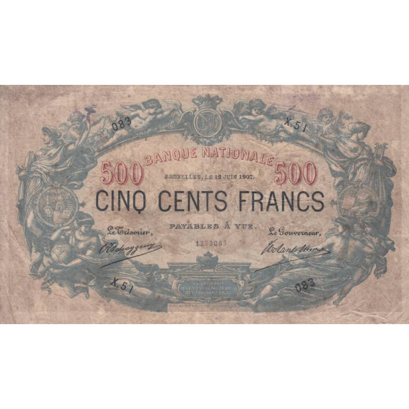 Belgique - Pick 65d - 500 francs - 12/06/1907 - Etat : B+