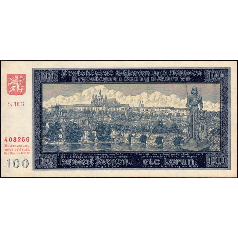 Bohême-Moravie - Pick 7a_2 - 100 korun - 20/08/1940 - Série 18G - Etat : NEUF