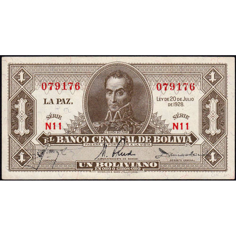 Bolivie - Pick 128a_8 - 1 boliviano - Série N11 - Loi 1928 (1948) - Etat : NEUF