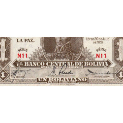 Bolivie - Pick 128a_8 - 1 boliviano - Série N11 - Loi 1928 (1948) - Etat : NEUF
