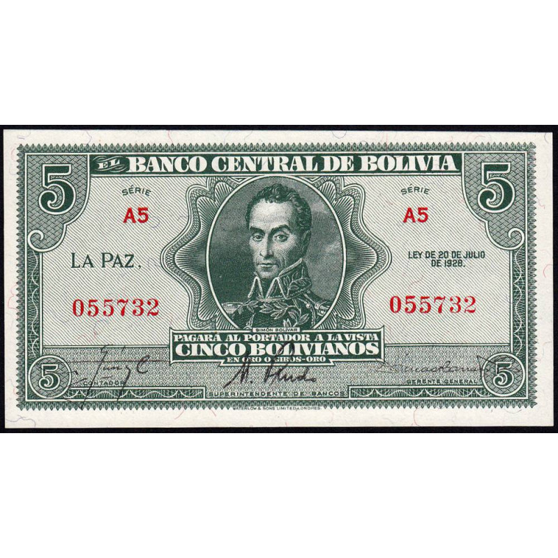 Bolivie - Pick 129_2 - 5 bolivianos - Série A5 - Loi 1928 (1948) - Etat : NEUF