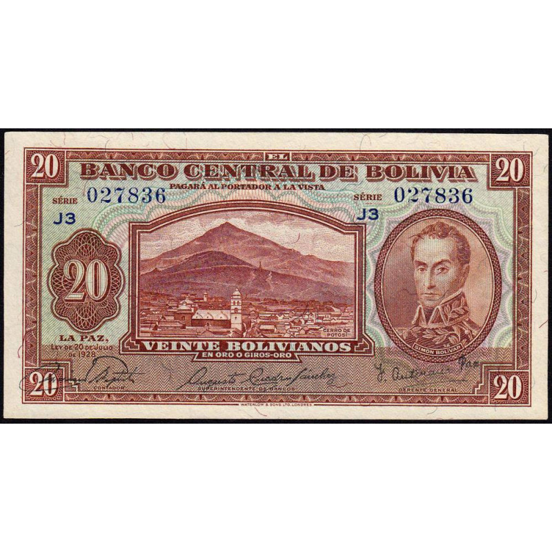 Bolivie - Pick 131_5 - 20 bolivianos - Série J3 - Loi 1928 (1945) - Etat : NEUF