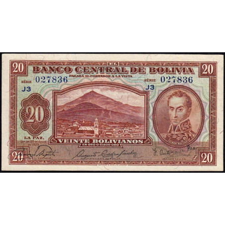 Bolivie - Pick 131_5 - 20 bolivianos - Loi 1928 (1945) - Série J3 - Etat : NEUF