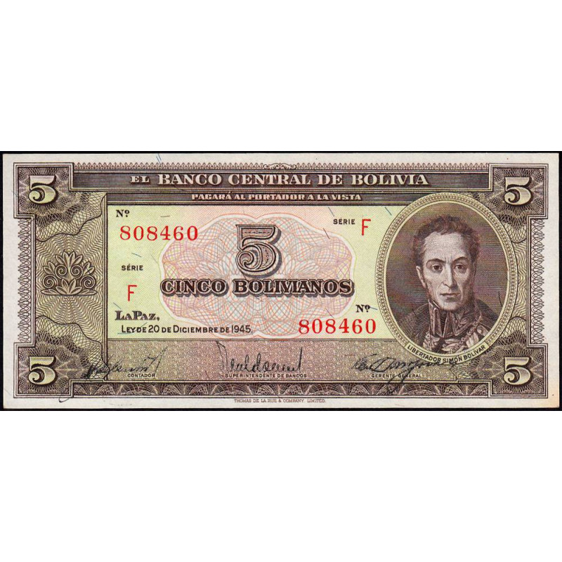 Bolivie - Pick 138a_4 - 5 bolivianos - Série F - Loi 1945 (1954) - Etat : NEUF