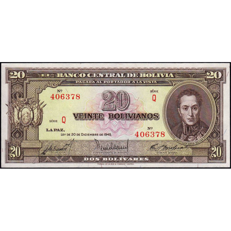Bolivie - Pick 140a_6 - 20 bolivianos - Série Q - Loi 1945 (1954) - Etat : NEUF