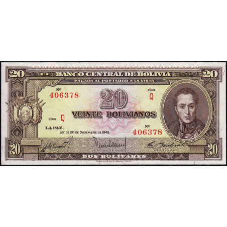 Bolivie - Pick 140a4 - 20 bolivianos - Loi 1945 (1954) - Série Q - Etat : NEUF