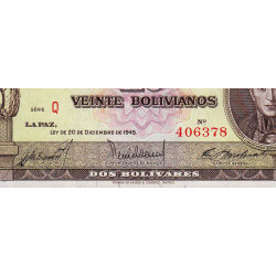 Bolivie - Pick 140a_6 - 20 bolivianos - Série Q - Loi 1945 (1954) - Etat : NEUF