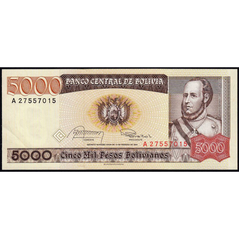 Bolivie - Pick 168a1 - 5'000 pesos bolivianos - Loi 1984 - Série A - Etat : SPL