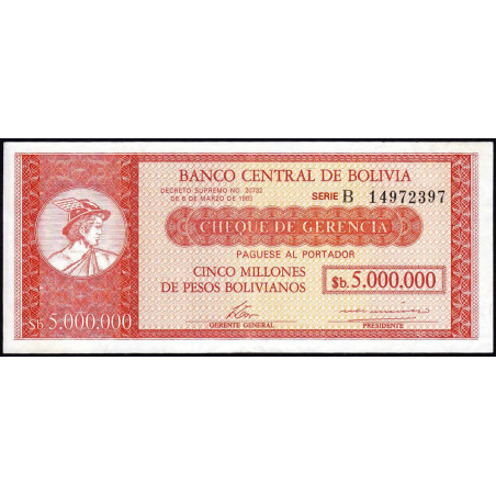 Bolivie - Pick 192A - 5'000'000 pesos bolivianos - Série B - Loi 1985 - Etat : SUP